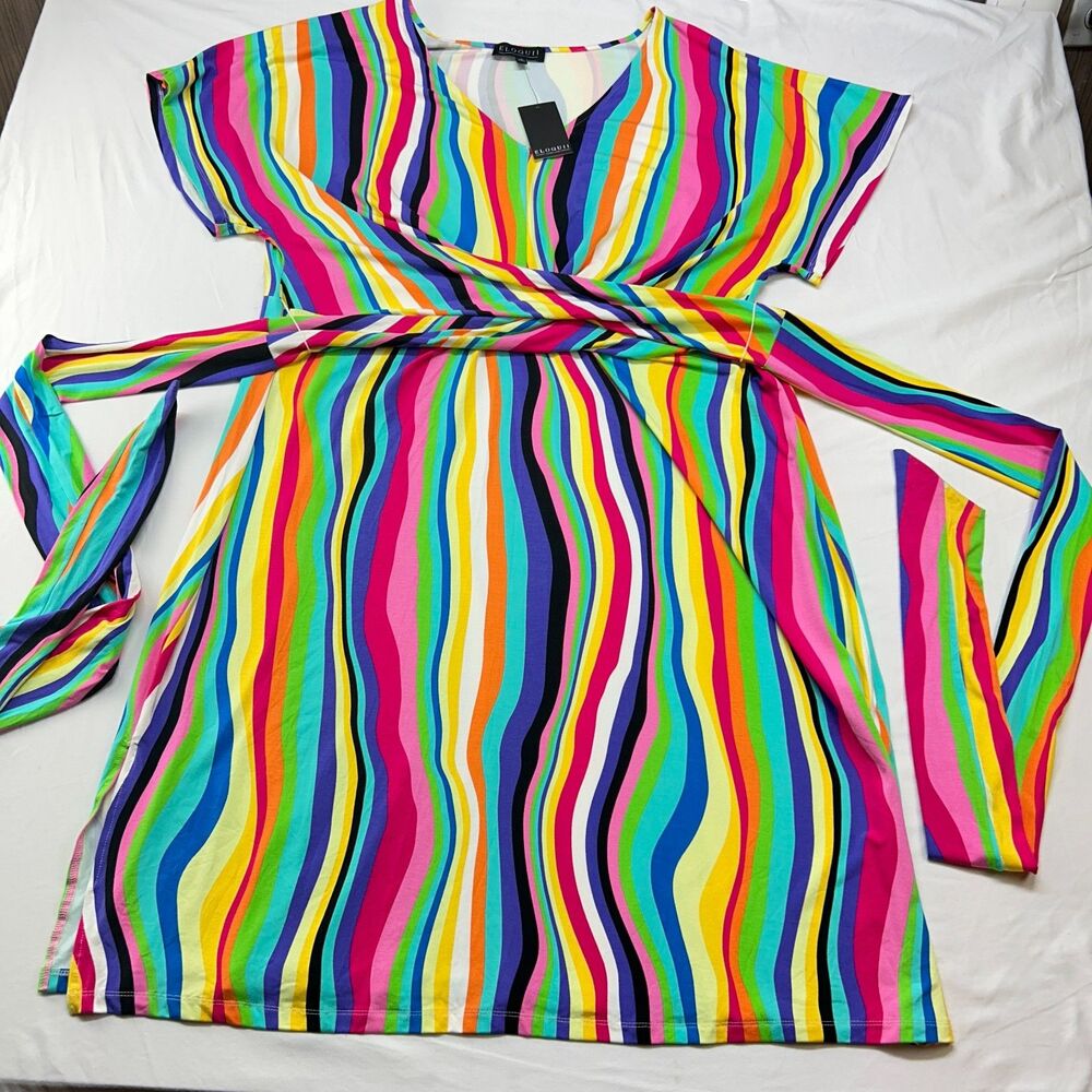 Eloquii Hippie Liquid Rainbow Bohemian Retro Wrap Around Midi Dress Sz 20